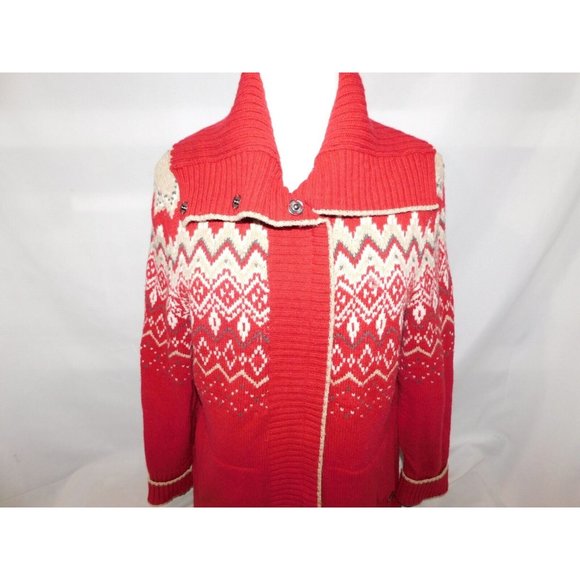 Eddie Bauer Women L Red Tan Fair Isle Full Zip Cardigan Sweater Convertible neck - Picture 10 of 15